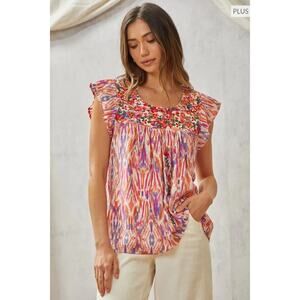 Savanna Jane Play it Safe Babydoll Floral Embroidered Yoke Flutter Blouse Large